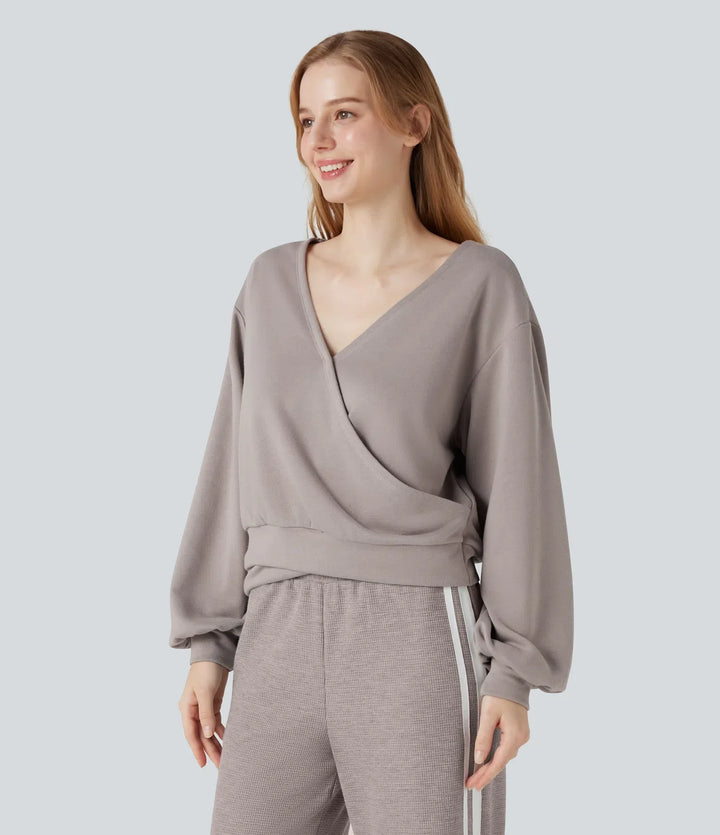 V-ringad långärmad vardaglig sweatshirt