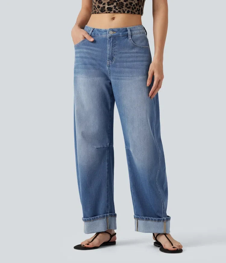 Halara Flex med låg midja upprullad fåll för vardag ballongformade ben jeans med fickor