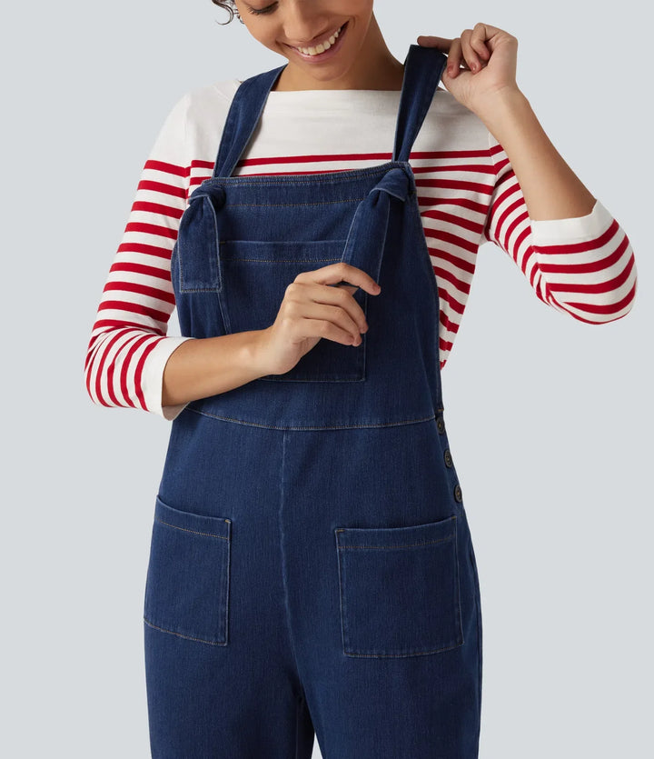 Lyckera Flex denim fyrkantig halsringning ärmlös avsmalnande vardaglig jumpsuit med fickor
