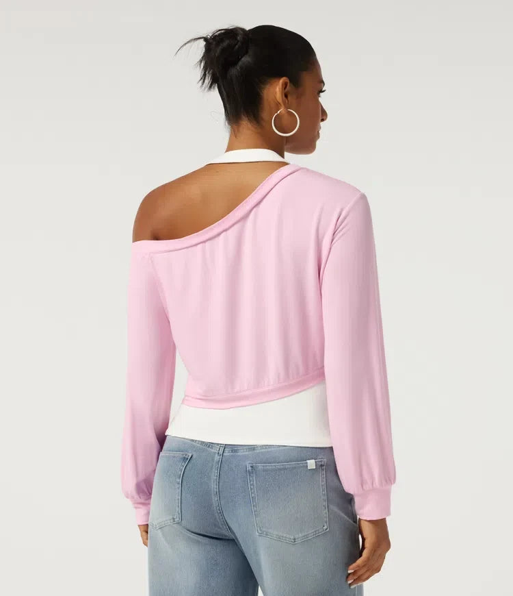 Halterneck enaxlad långärmad 2-i-1 asymmetrisk färgblock vardaglig sweatshirt