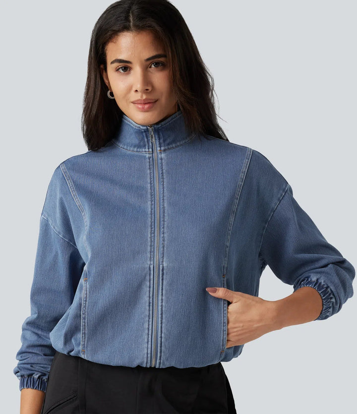 Lyckera Flex hög hals långärmad denim vardaglig jacka med fickor