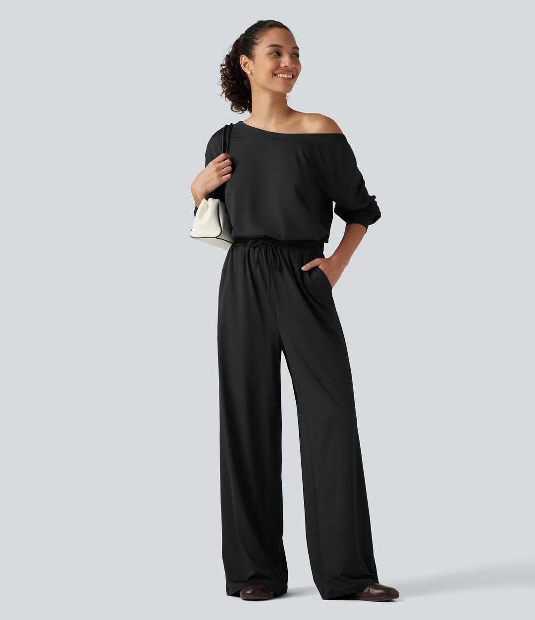Enaxlad långärmad dragsko baggy vardaglig jumpsuit med fickor-Easy Peezy Edition