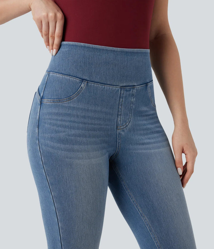 Lyckera Flex högmidjad rumplyftande magkontroll skinny denim vardaglig 7/8 leggings med fickor