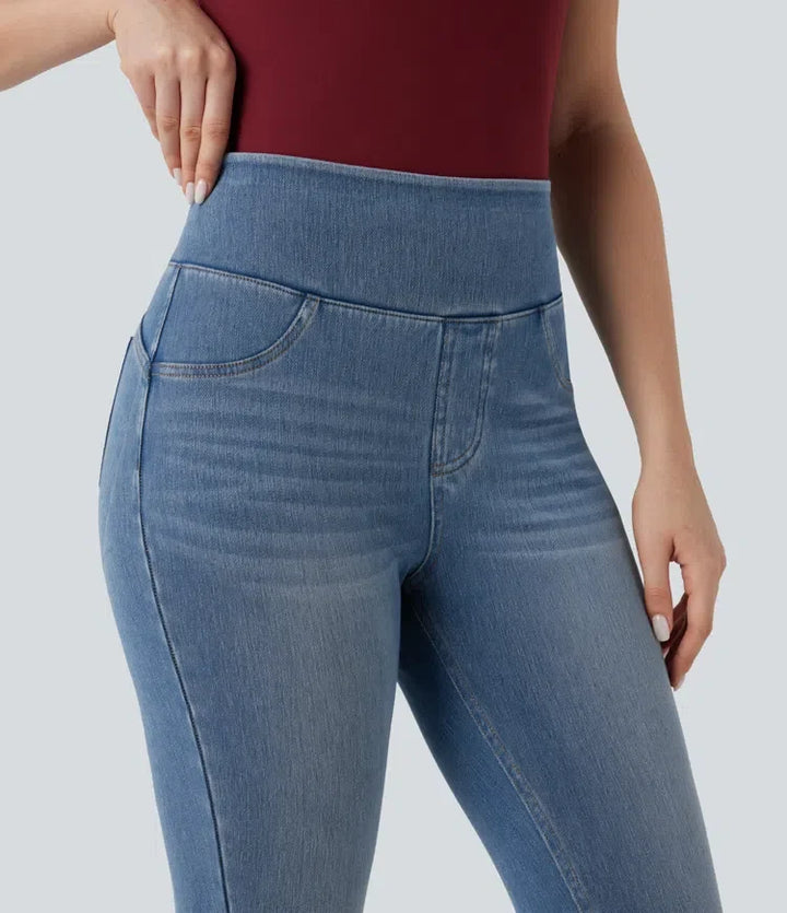 Halara Flex med hög midja rumplyftande magkontroll smal denim för vardag 7/8 leggings med fickor