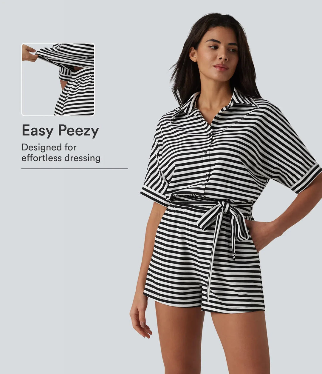 Halvlång ärm bältad randig våffelstruktur vardaglig playsuit med fickor-Easy Peezy Edition