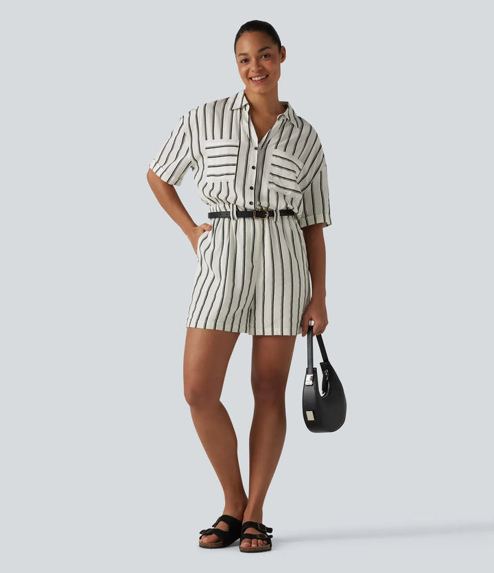 Kortärmad randig vardaglig skjorta playsuit med fickor