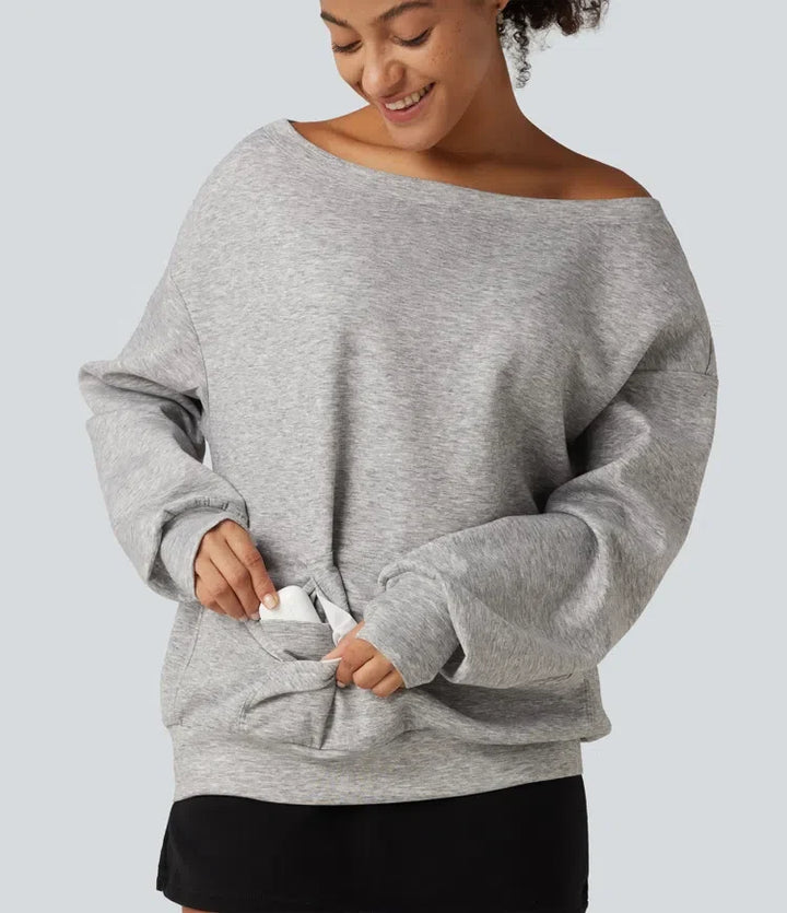 Enaxlad långärmad pullover vardaglig sweatshirt med ficka och tumhål