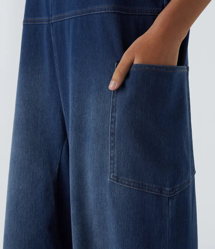 Halara Flex V-ringning ficka tvättad denim hängselbyxor för vardag