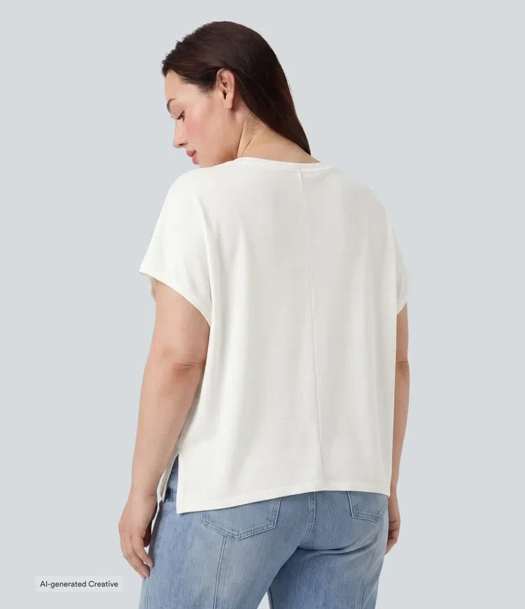 Plusstorlek rund halsringning fladdermus ärm avslappnad T-shirt för vardag
