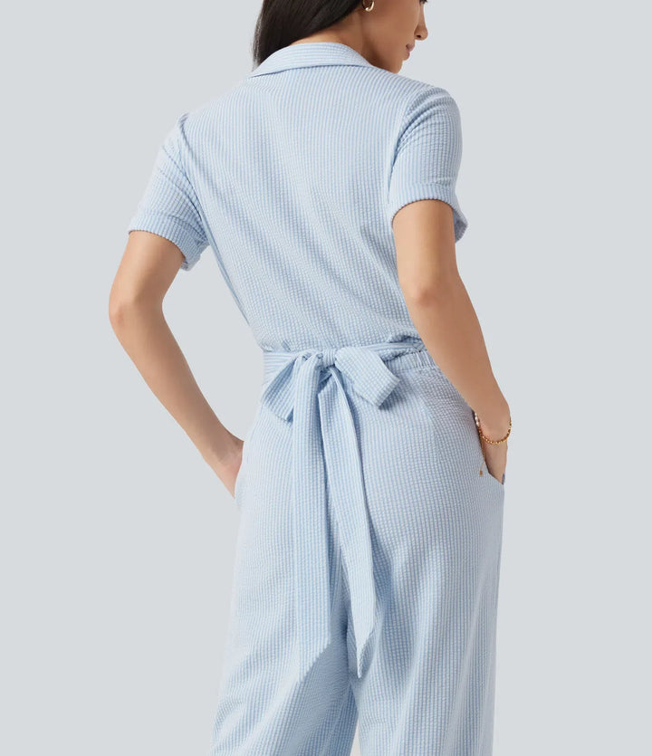 Kortärmad omlott knytning i ryggen randig skrynklad bomull vardaglig skjorta jumpsuit med fickor-Easy Peezy Edition