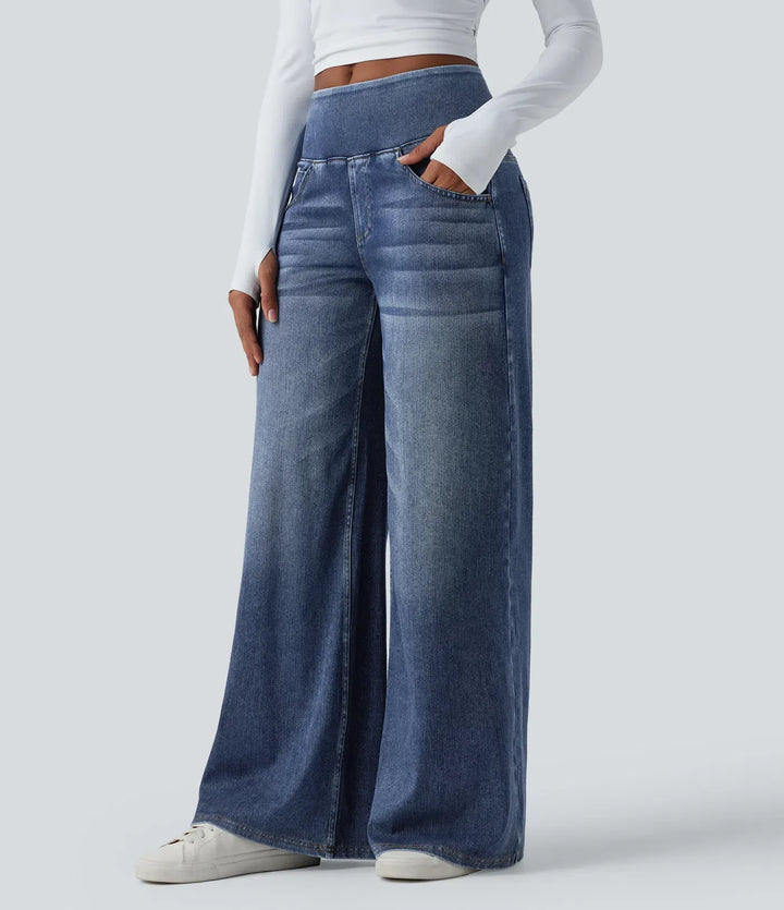 Lyckera Flex medelhög midja draperad lyocell tvättad vardaglig baggy jeans med vida ben med fickor
