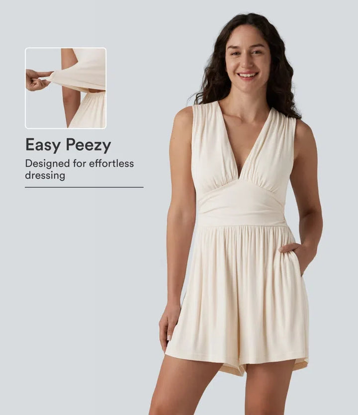 Ribbad V-ringad ärmlös rynkat inbyggd BH 2-i-1 vardaglig playsuit med fickor-Easy Peezy