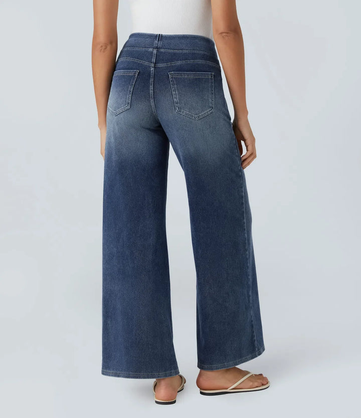Lyckera Flex högmidjad fickor baggy vida ben tvättad vardagsjeans