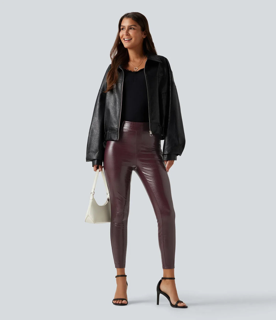 Med hög midja ormskinnsmönster tryck stretchig PU fleece vardagsleggings med fickor