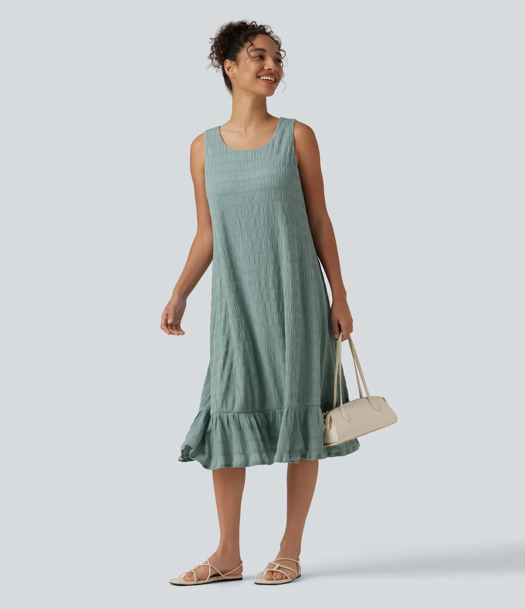 Rund hals inbyggd BH ärmlös volangfåll midi vardagsklänning