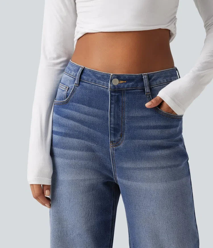 Med hög midja raka ben vardagsjeans med fickor