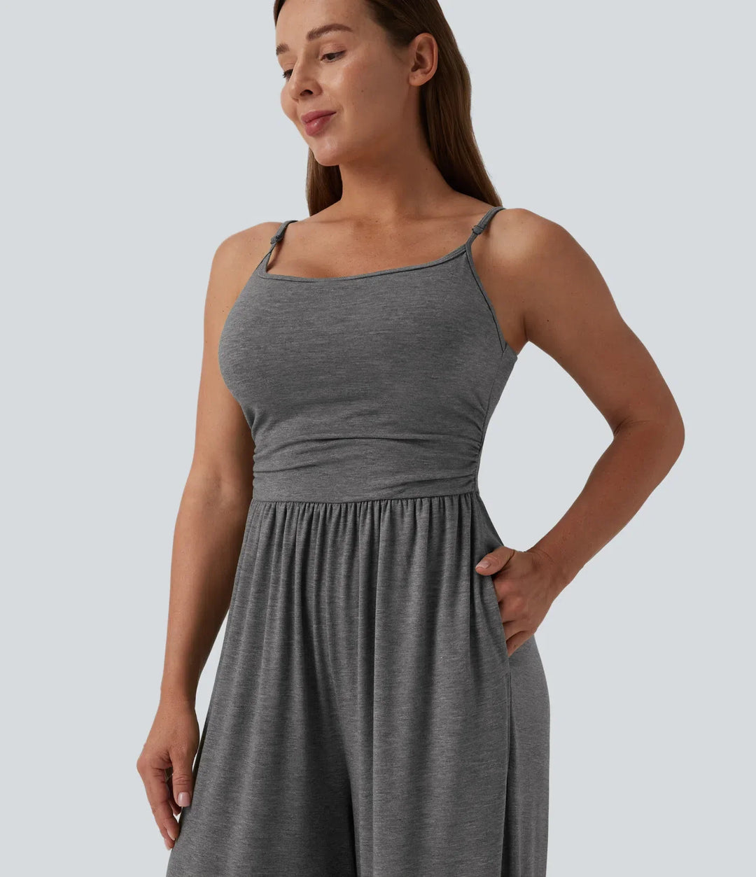 Justerbara axelband rynkat vida ben melerad vardaglig jumpsuit med fickor-Easy Peezy