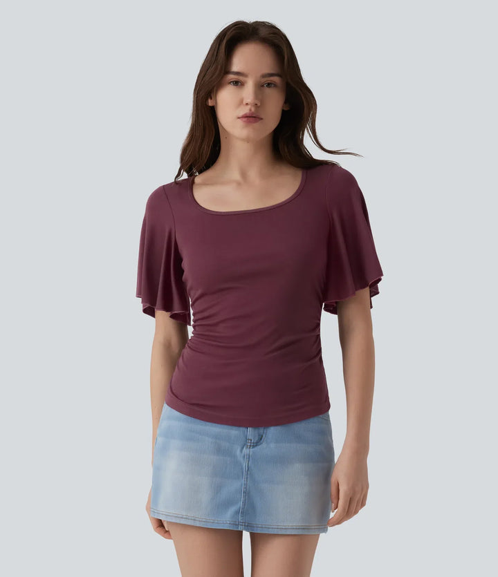 Ribbad fyrkantig halsringning fjäril ärm rynklad T-shirt för vardag