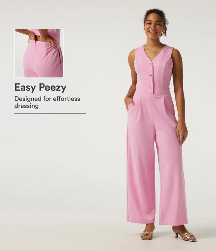 V-ringad ärmlös vida ben arbetsjumpsuit med fickor - Easy Peezy Edition