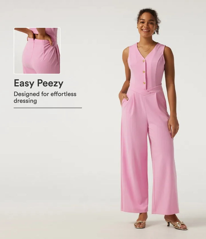 V-ringad ärmlös vida ben arbetsjumpsuit med fickor - Easy Peezy Edition