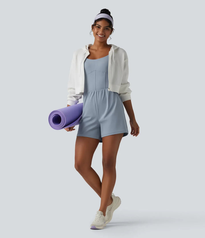 SoftlyZero luftig vriden rygglös justerbara axelband 2-i-1 inbyggd BH InstantCool yoga playsuit med ficka-Easy Peezy