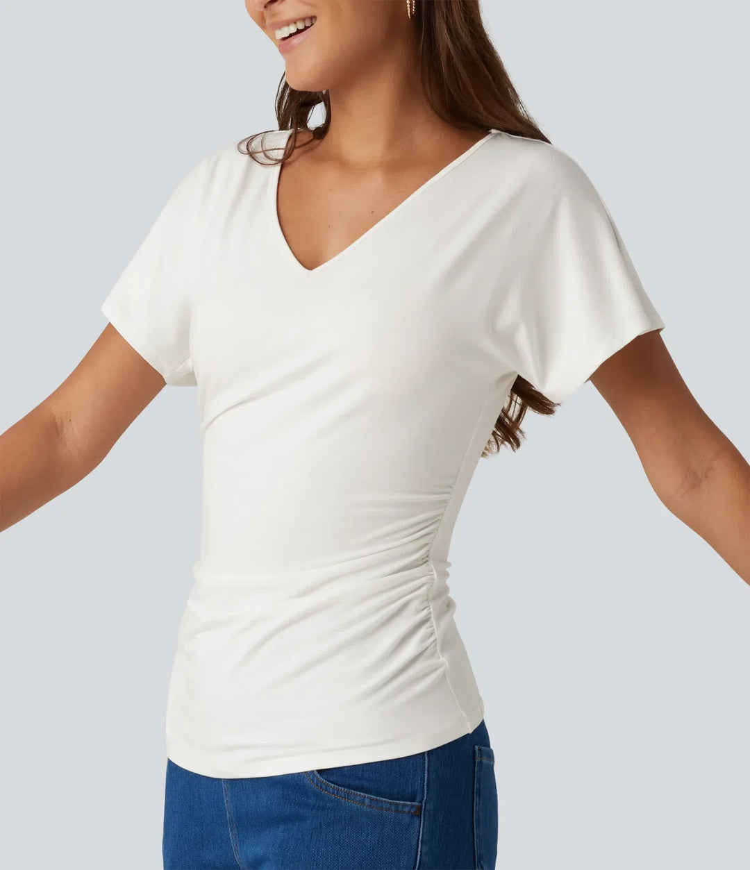 V-ringning kortärmad rynklad smal T-shirt för vardag