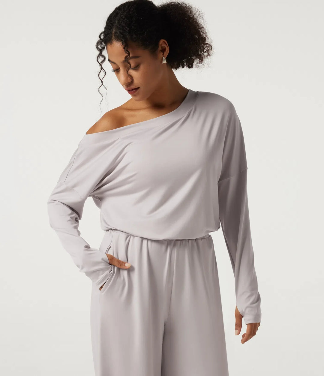 Enaxlad långärmad vida ben vardaglig jumpsuit med inbyggd BH och fickor -Easy Peezy Edition