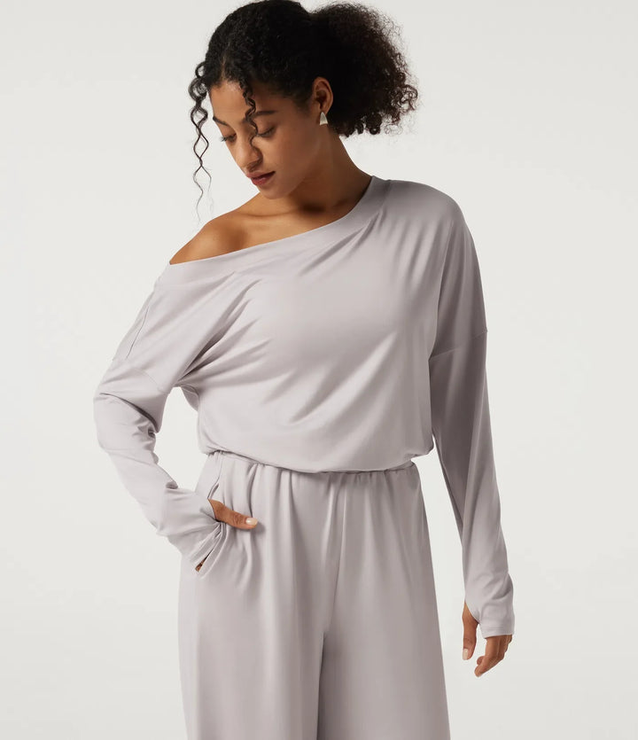Enaxlad långärmad vida ben vardaglig jumpsuit med inbyggd BH och fickor -Easy Peezy Edition