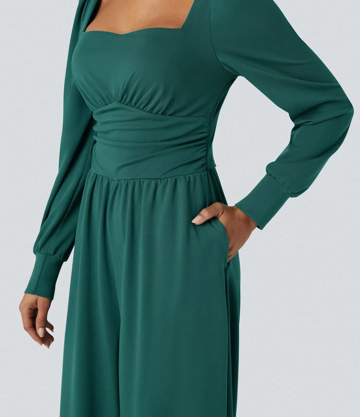 Fyrkantig halsringning långärmad arbetsjumpsuit med fickor-Easy Peezy Edition