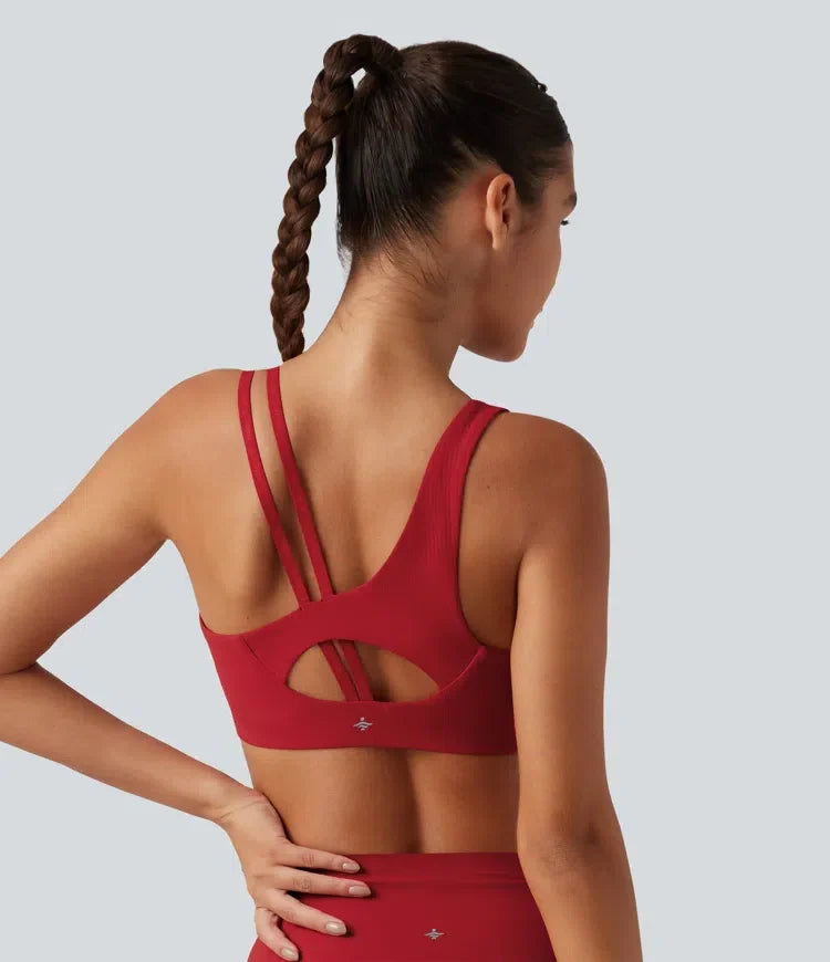 Halara UltraSculpt ribbad lätt stöd asymmetrisk utskuren detalj inbyggd bh löpning sport-bh