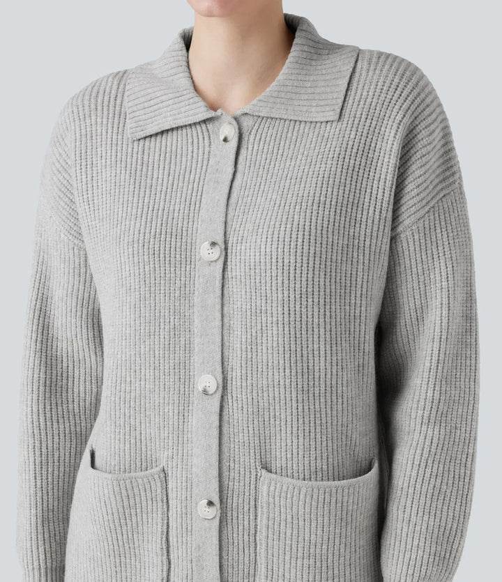 Krage långärmad knapp gylf vardaglig lång modell cardigan med fickor