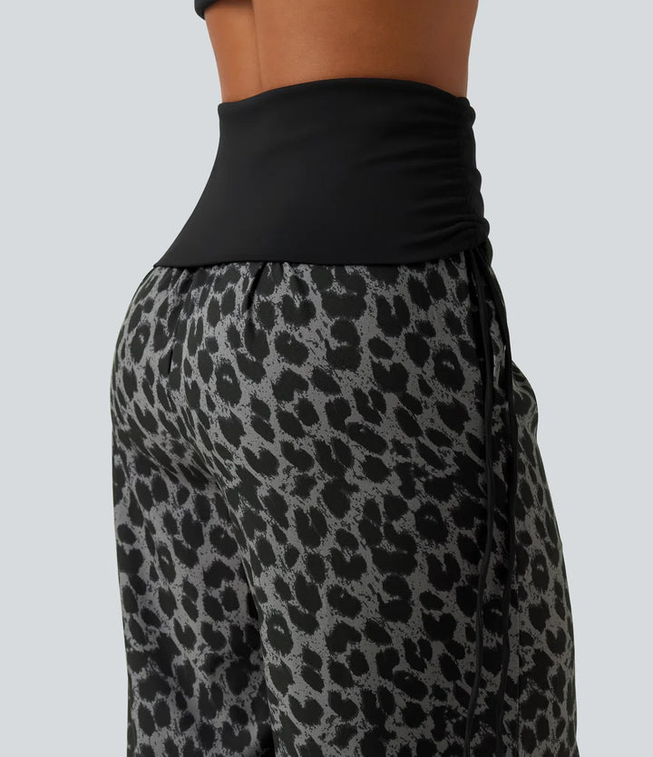 Vikbar midja med hög midja rynklad dragsko baggy leopardmönstrad vardagsbyxor med fickor