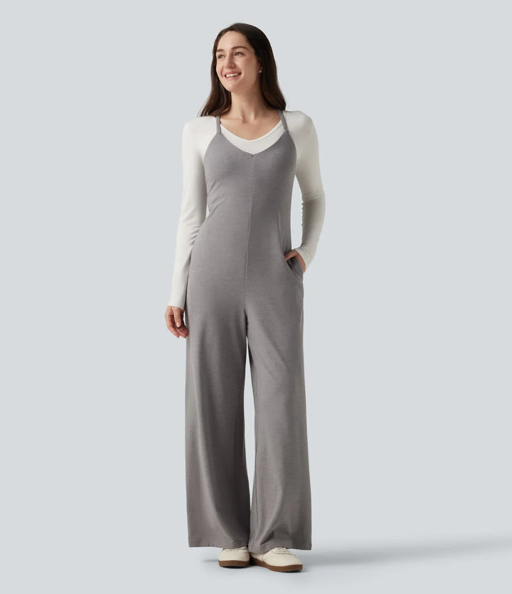 U-ringad ärmlös korsad rygg vardaglig raka ben jumpsuit med fickor