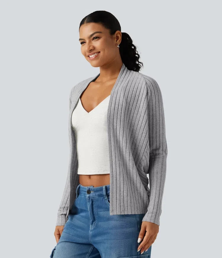 Ribbstickad öppen front lång fladdermusärm vardaglig cardigan