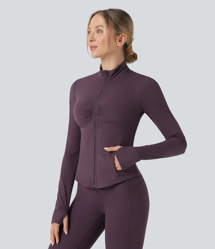 Lyckera UltraSculpt halvpolo rynkat push-upp långärmad tumhål yogajacka med fickor