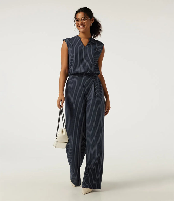 Notch ärmlös vida ben randig arbete jumpsuits med fickor - Easy Peezy Edition