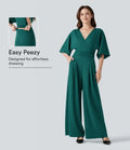 V-ringad halvlång ärm knytning i ryggen arbete baggy jumpsuit med fickor-Easy Peezy