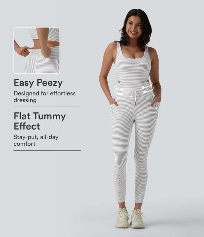 U-ringad skuren-ut dragsko magkontroll randig yoga jumpsuit med fickor-Easy Peezy Edition