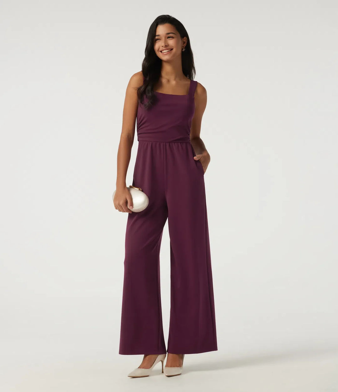 Fyrkantig halsringning ärmlös vida ben fest jumpsuit med fickor och inbyggd BH - Easy Peezy Edition