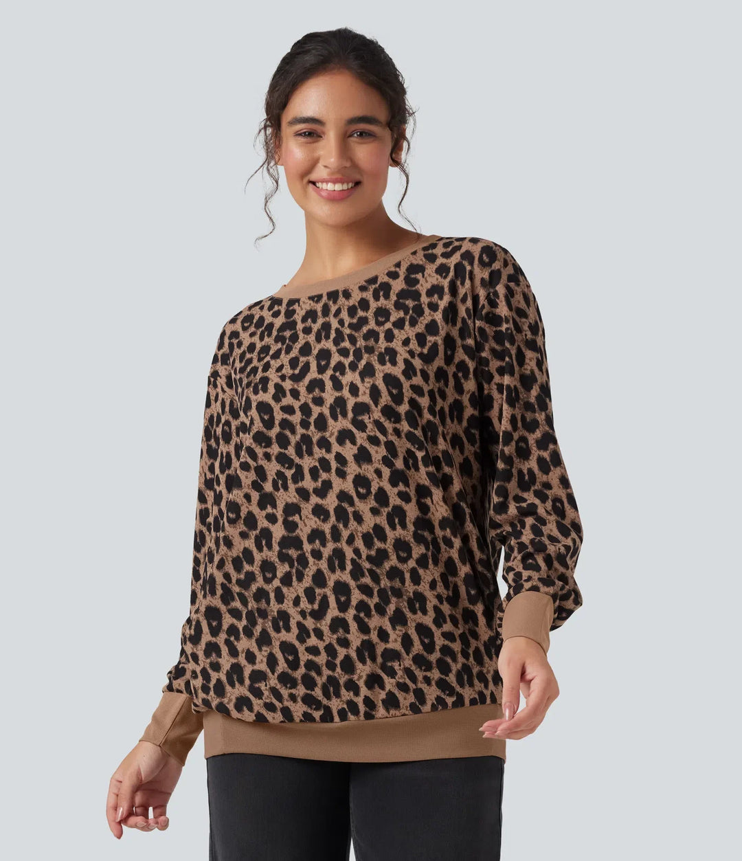 Rund hals långärmad leopard våffelstruktur oversized vardaglig sweatshirt med fickor