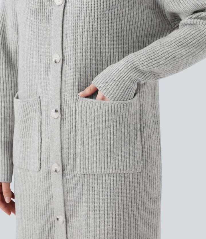 Krage långärmad knapp gylf vardaglig lång modell cardigan med fickor