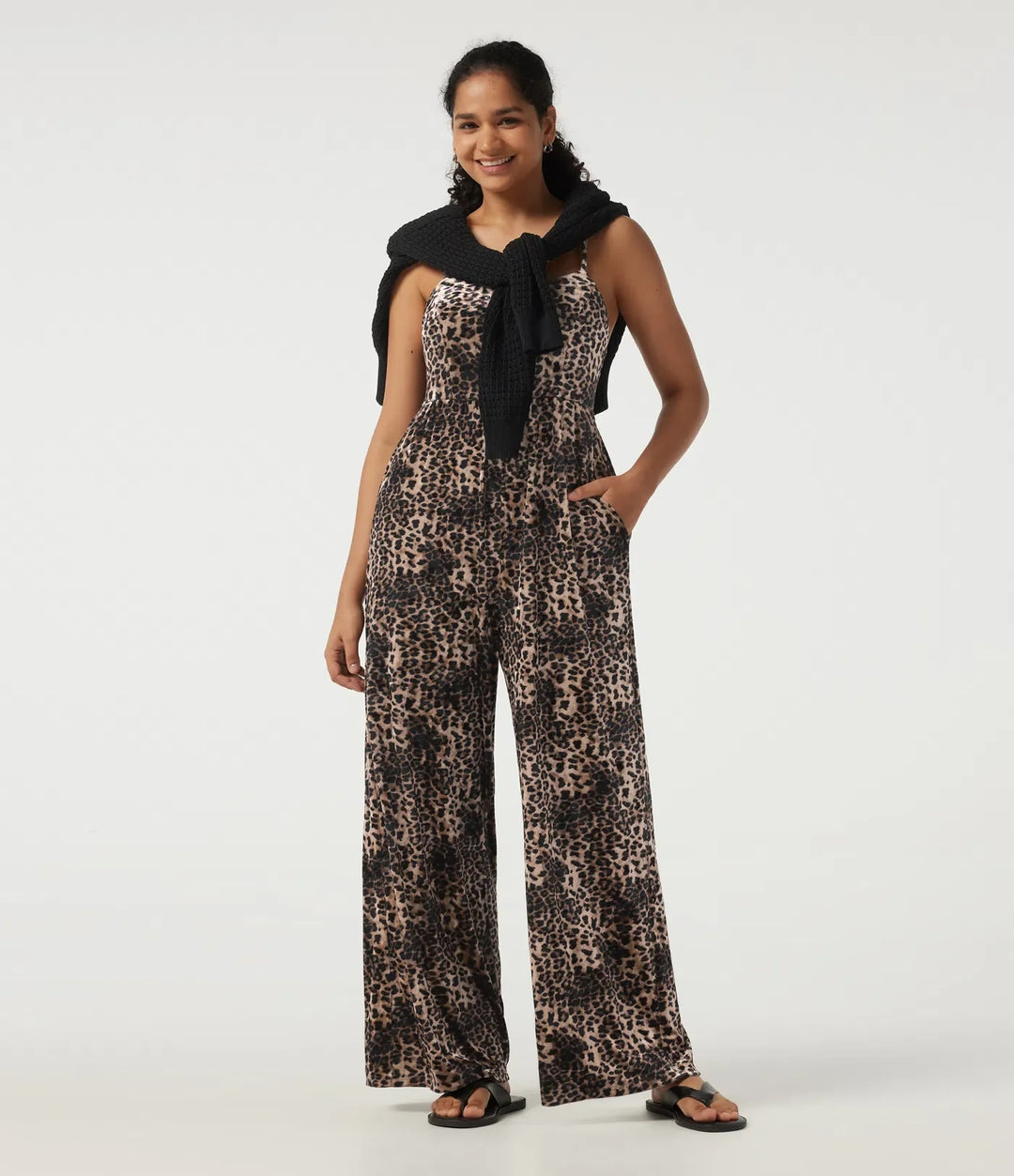 U-ringad ärmlös leopardmönster sammet vardaglig jumpsuit med fickor
