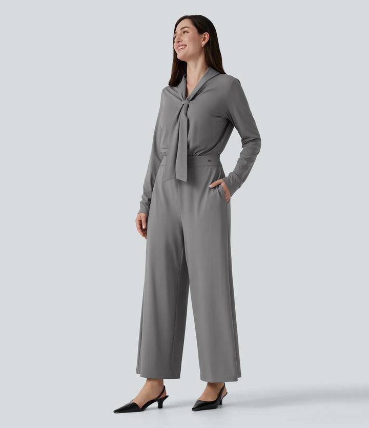 V-ringad långärmad vida ben arbetsjumpsuit med fickor-Easy Peezy Edition