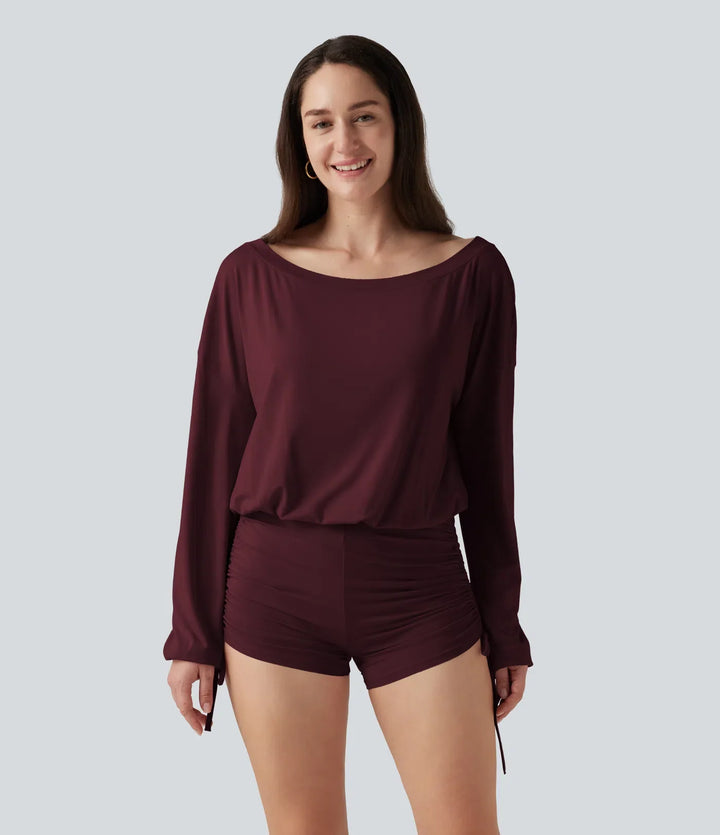 Långärmad rynkat spets upp lounge playsuit -Easy Peezy Edition