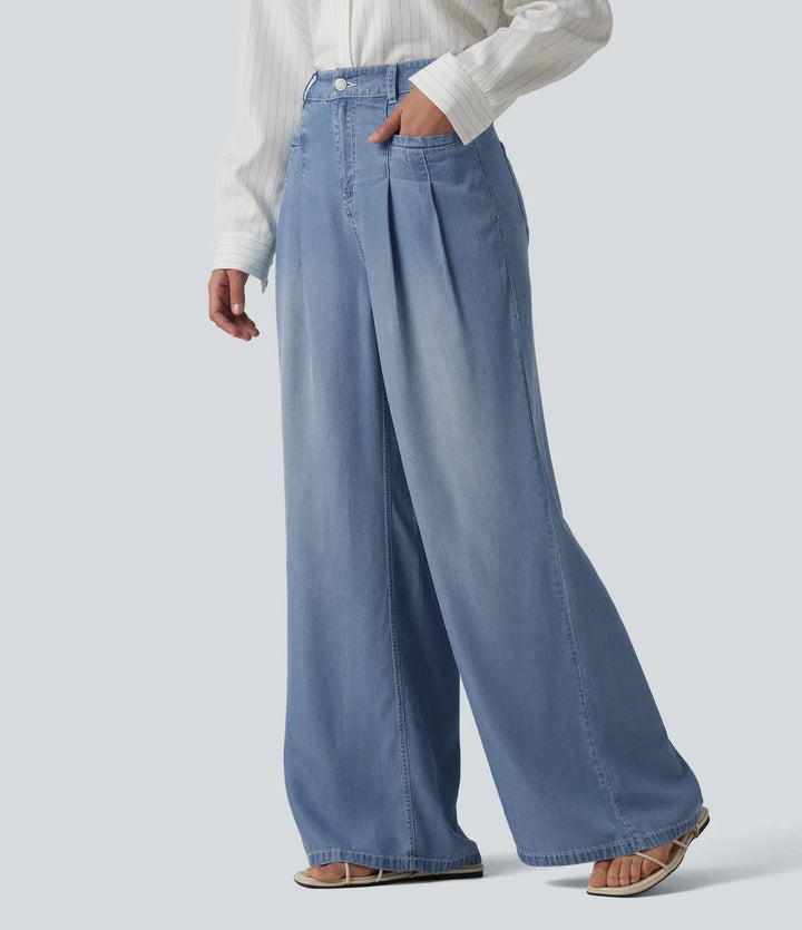Högmidjad vida ben vardagsjeans med fickor
