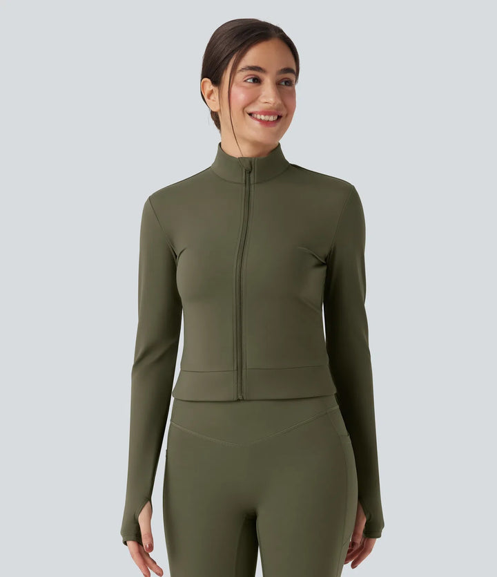SoftlyZero mjuk plysch ståkrage långärmad tumhål crossover rygg yoga Jackets