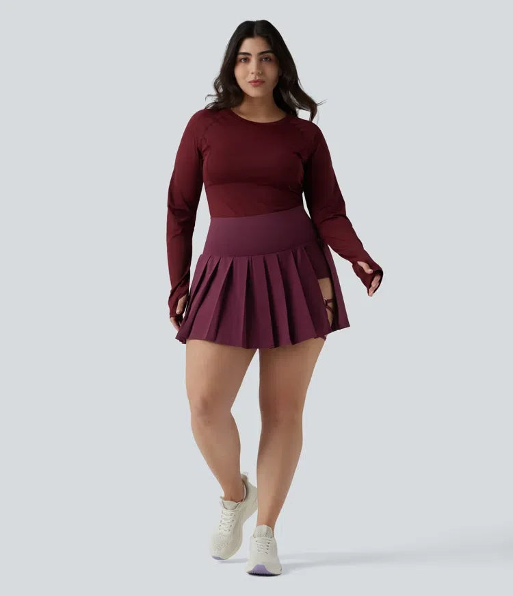 Plusstorlek Breezeful med hög midja plisserad 2-i-1 asymmetrisk fåll snabbtorkande mini yoga kjol med fickor