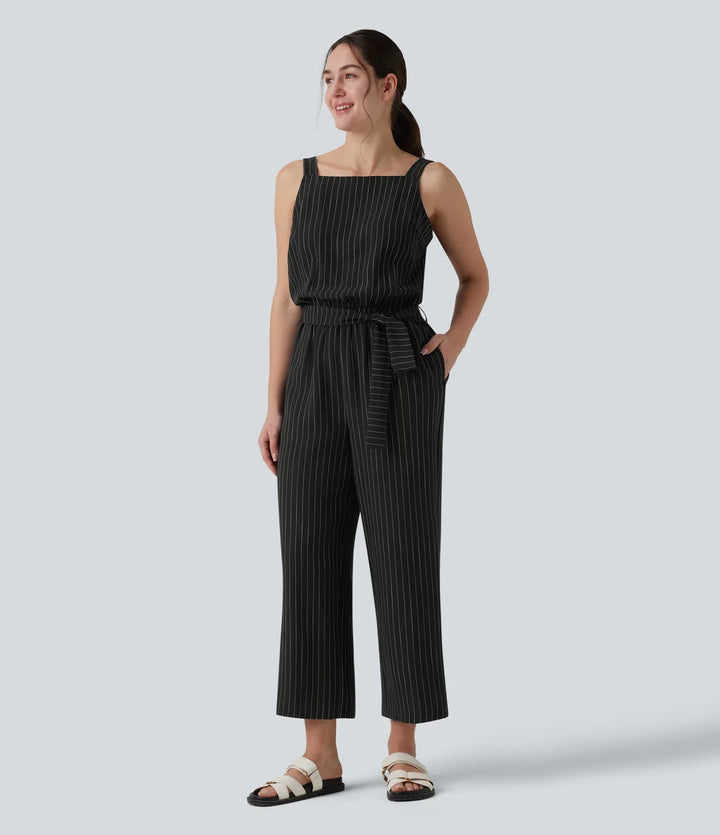 Fyrkantig halsringning justerbara axelband ärmlös bältad ränder vardaglig linnekänsla jumpsuit med fickor-Easy Peezy