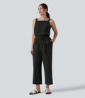 Fyrkantig halsringning justerbara axelband ärmlös bältad ränder vardaglig linnekänsla jumpsuit med fickor-Easy Peezy