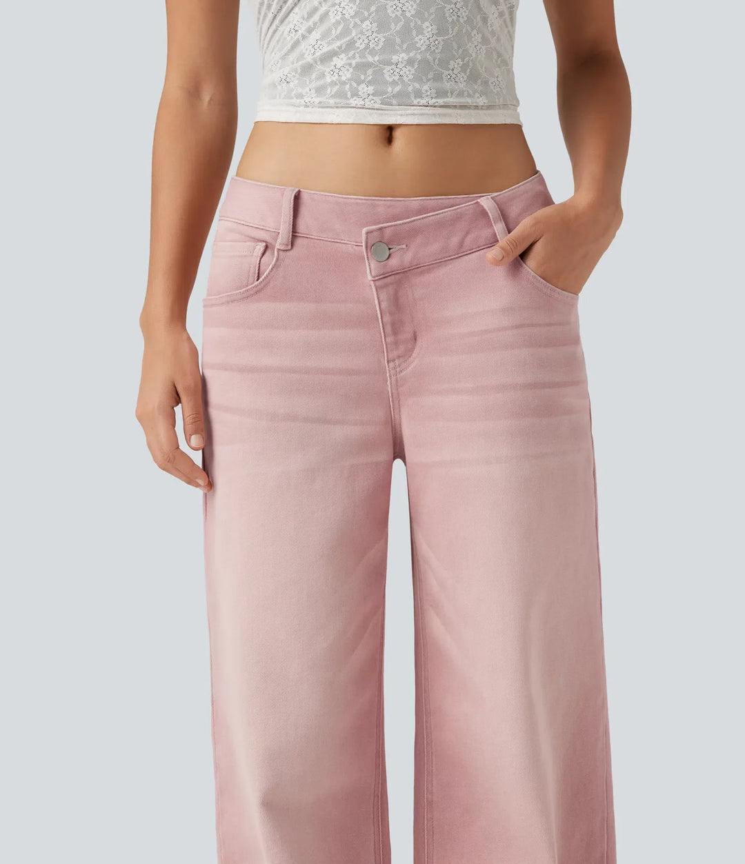 Låg midja asymmetrisk vida ben färgstark vardagsjeans med fickor